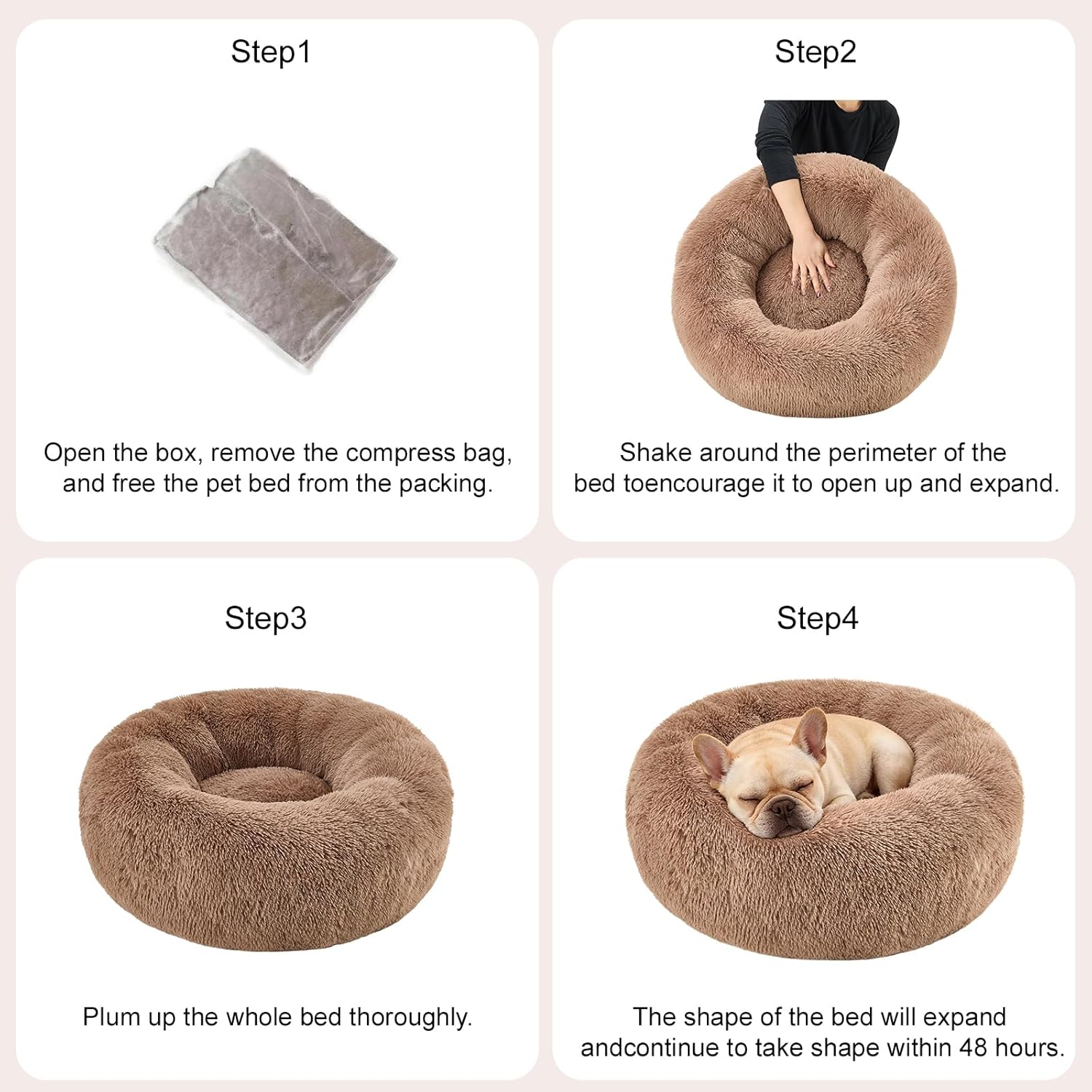 Dog Calming Beds for Small Medium Large Dogs - Round Donut Washable Dog Bed, Anti-Slip Faux Fur Fluffy Donut Cuddler Anxiety Cat Bed(28" Khaki