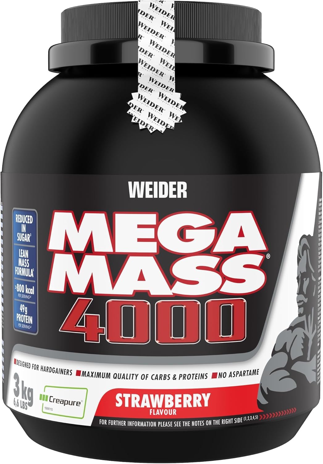 Weider Mega Mass 4000 3 kg - Legendarny Gainer z Węglowodanami, Białkiem, Monohydratem Kreatyny Creapure, Witaminami i Minerałami, Smak Truskawkowy