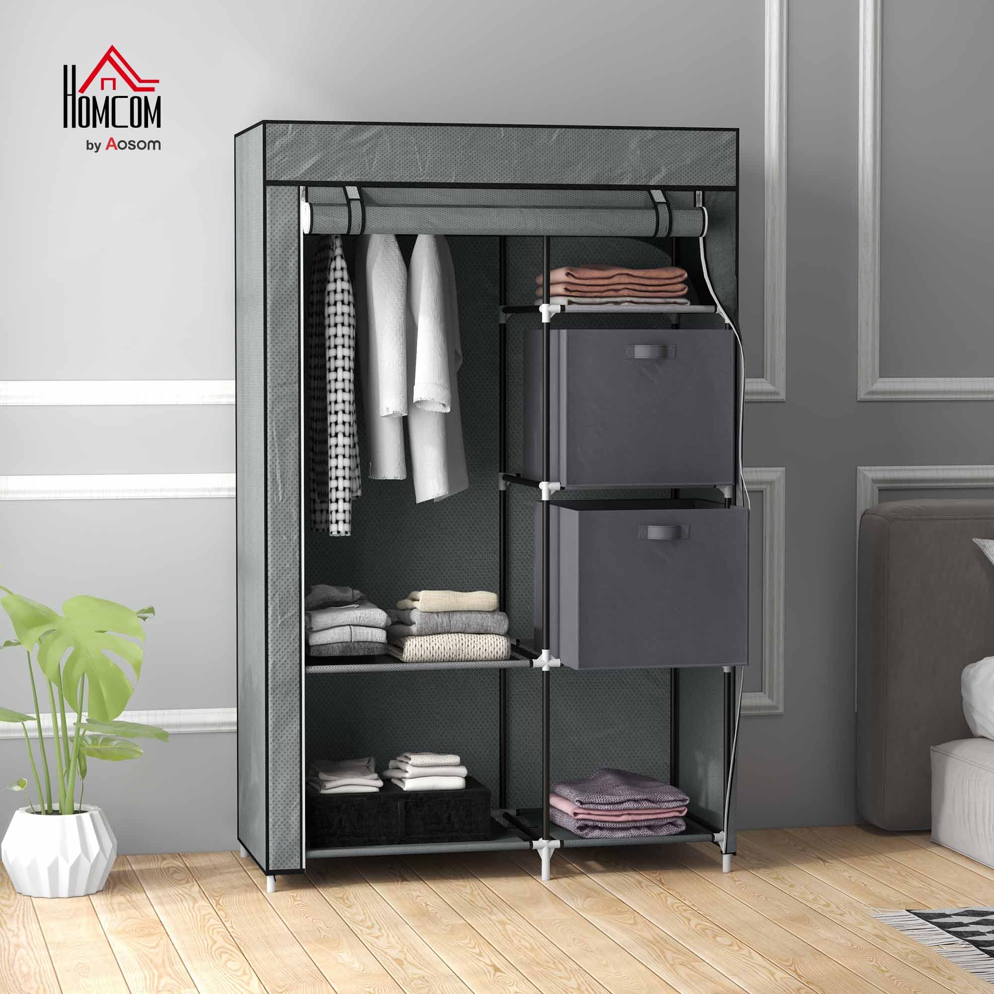 HOMCOM Kleiderschrank Stoffschrank mit Schubladen, Kleiderstange und Reißverschluss, Stoffkleiderschrank Faltschrank für Schlafzimmer, Ankleidezimmer, 102 x 42,5 x 162,5 cm, Dunkelgrau