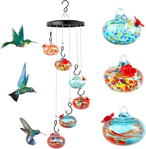 Encantadoras campanillas de viento para colibríes para colgar al aire libre, a prueba de hormigas y abejas, único comedero de vidrio soplado a mano