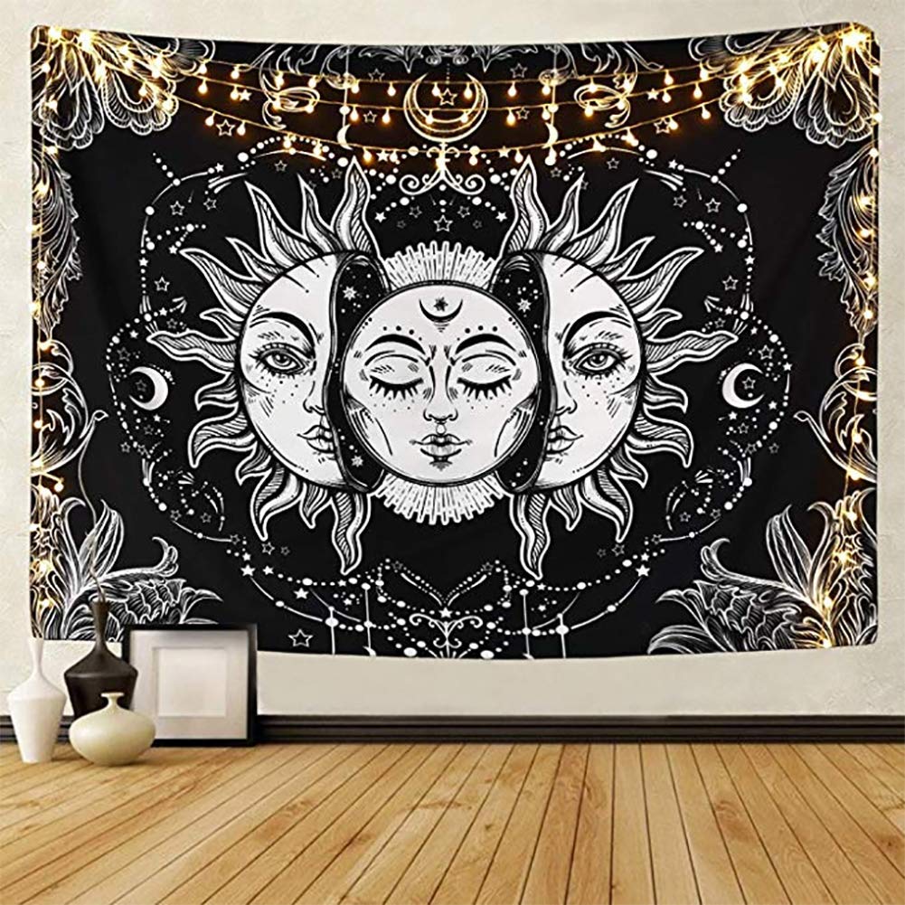 LOMOHOOTarot Tapestry Sun and Moon Psychedelic Tapestry Black Celestial Wall Hanging Wall Tapestries Indian Mandala Bohemian Hippy Beach Throw (A-Sun and Moon, L/148cmx200cm)
