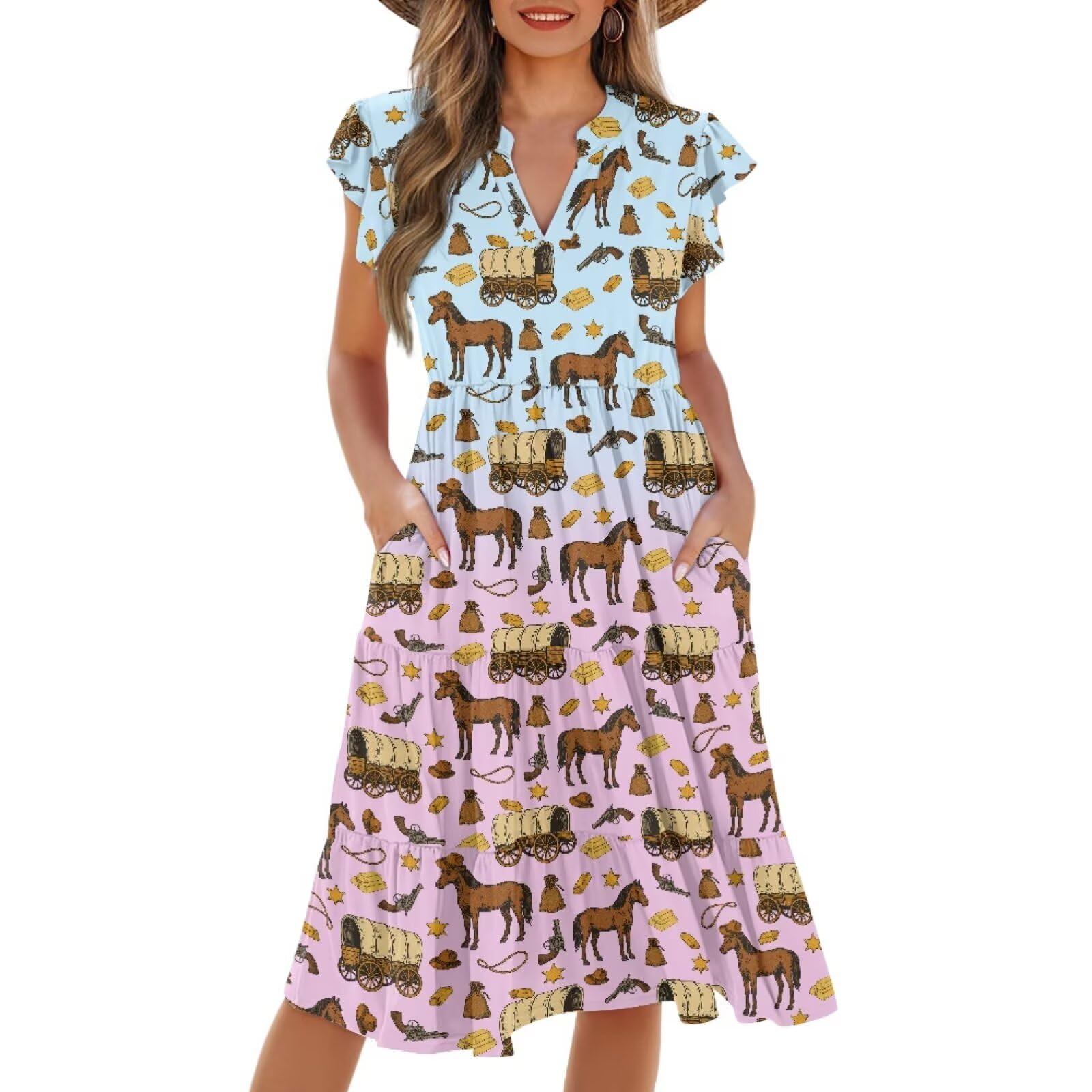 Women's Tiered V Neck Ruffle Cap Sleeve Flowy Beach Dress S-2XL