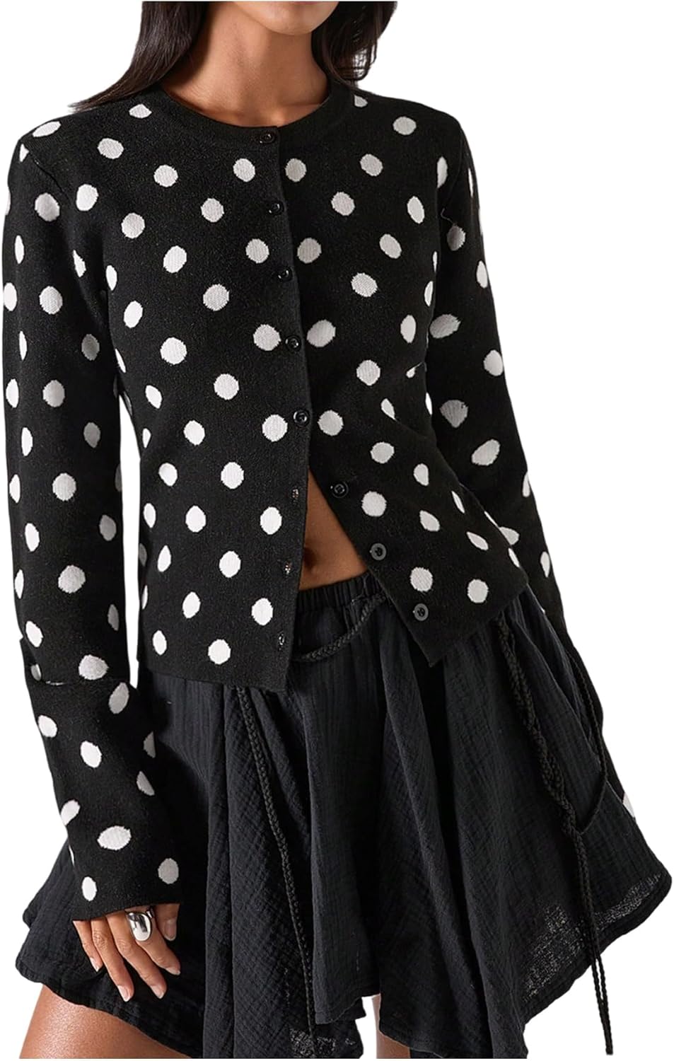 Milumia Women's Polka Dots Button Up Cardigan Sweaters Crew Neck Long Sleeve Knit Sweater Top