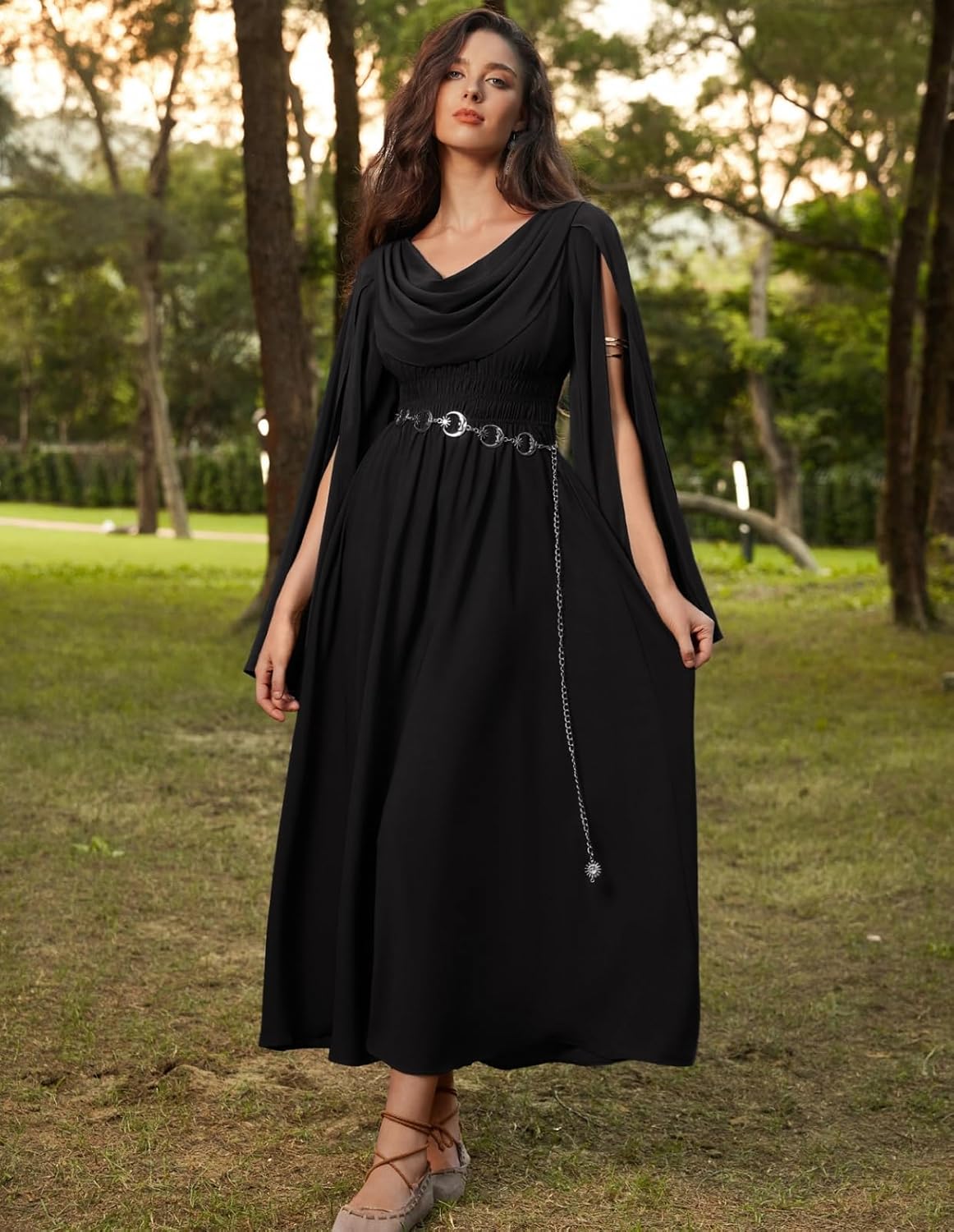 Scarlet Darkness Women Renaissance Dress Split Bell Sleeve Cowl Neck Peasant Medieval Dress - Image 5