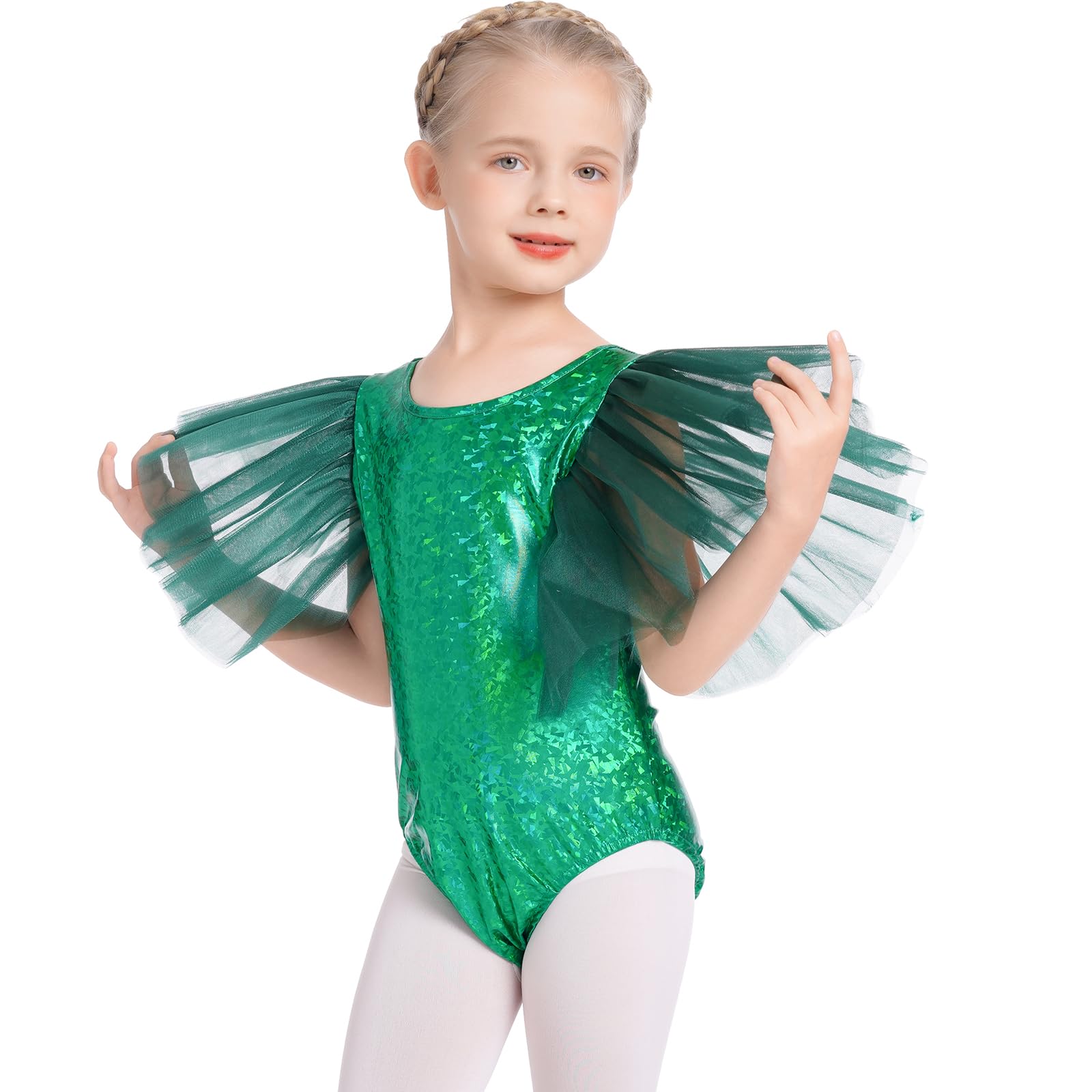 ODASDO Gymnastics Leotard for Girl Tulle Sleeve One Piece Bodysuit Glitter Shiny Metallic Ballet Dance Top Halloween Costume
