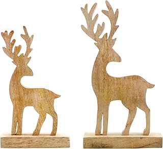AuldHome Design Wooden Reindeer Christmas Statues (Set of 2); Primitive Style Mango Wood Holiday Figurines
