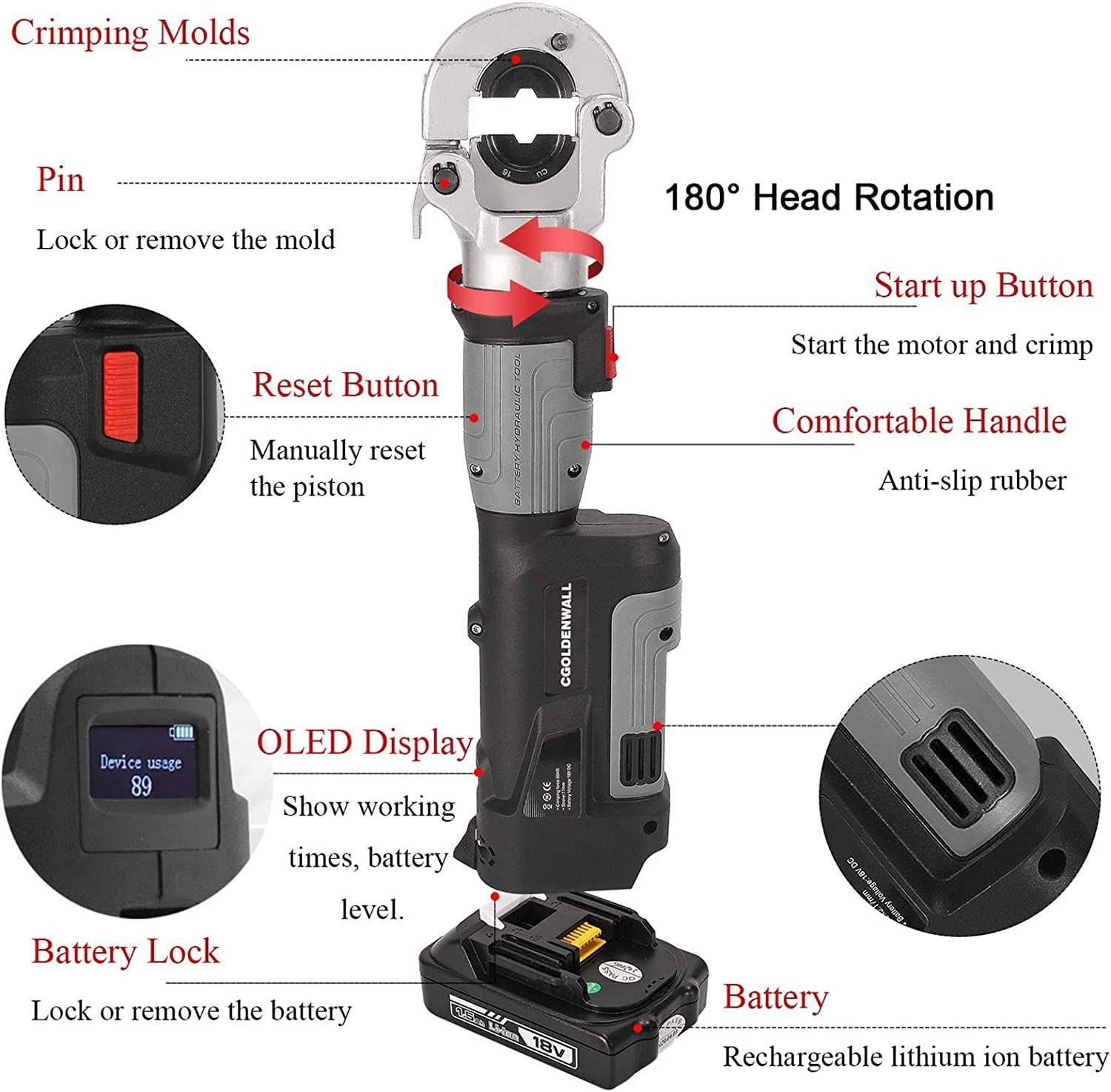 TAHALI Pinza crimpatrice elettrica idraulica, crimpatrice idraulica Ricaricabile per terminali in Rame e Alluminio, con Batteria da 1,5 Ah, Campo di crimpatura 16-300 mm²
