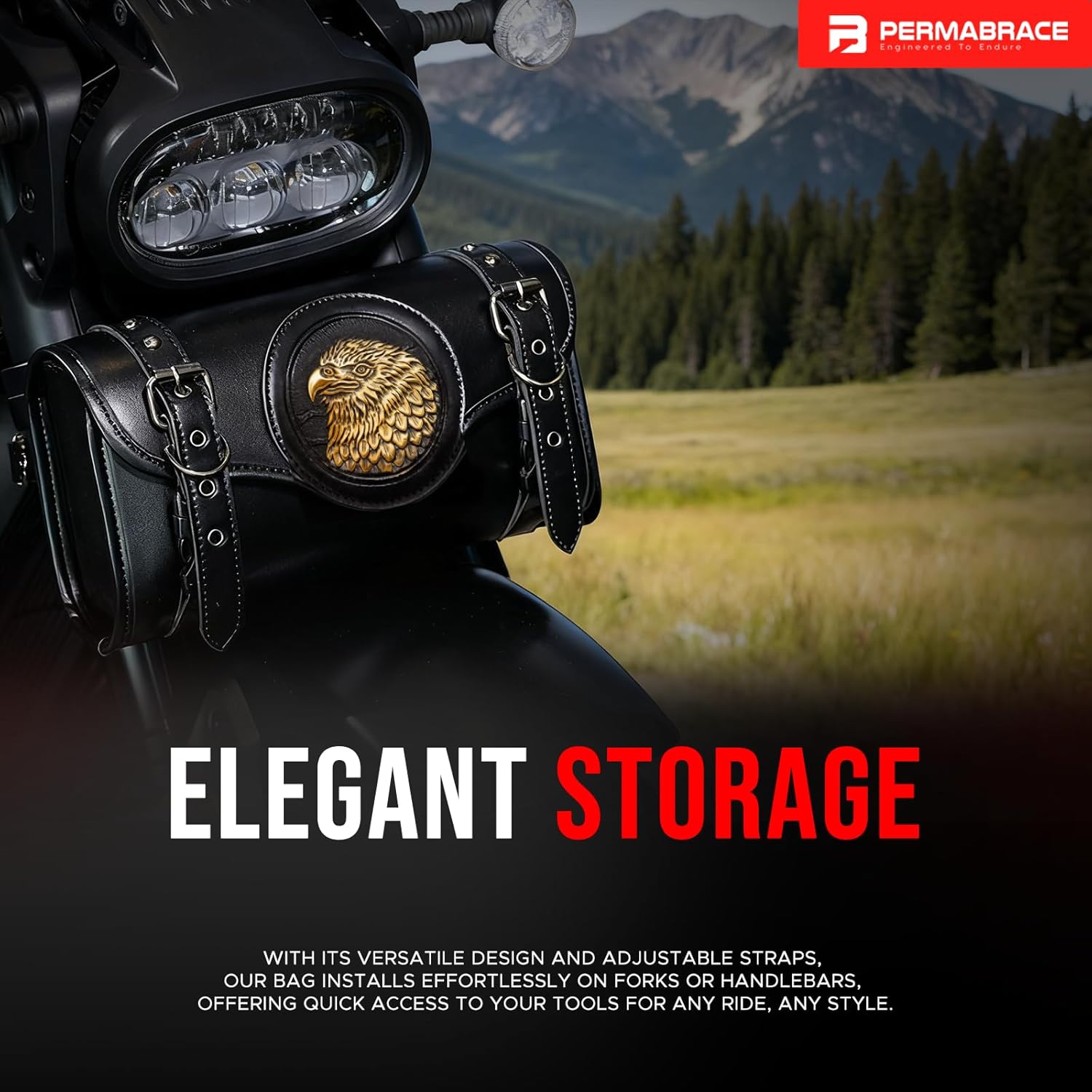 motorcycle front bag, PU Leather Front Fork & Handlebar Saddlebag with Eagle Design - Waterproof Storage Pouch for Harley Davidson, Compatible with Most Cruiser Motorcycles