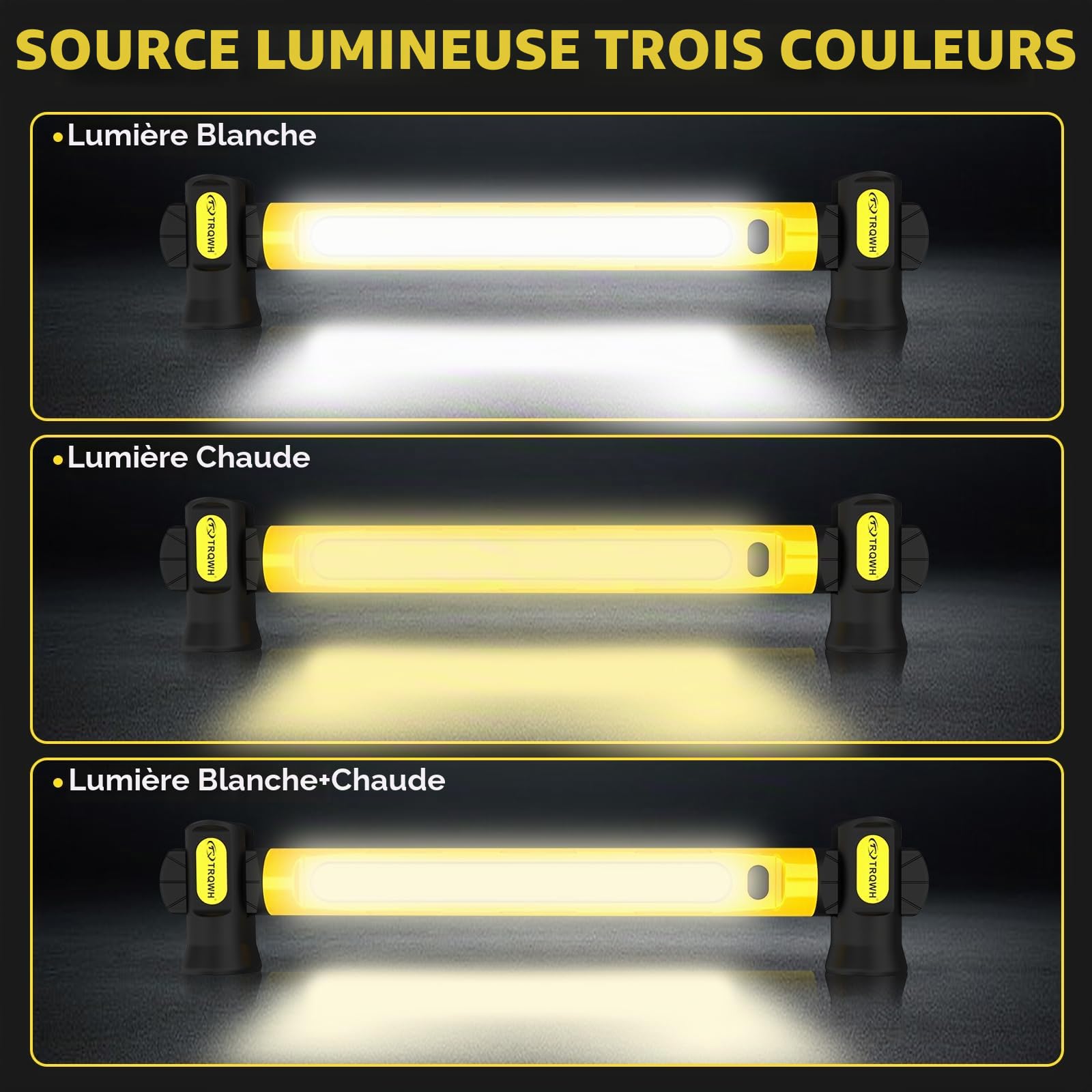 TRQWH Lampe de travail 3200LM LED, 6000mAh rechargeable, portable, magnétique, lumière d'urgence avec crochets pour réparation de voiture, garage, atelier, camping, jaune