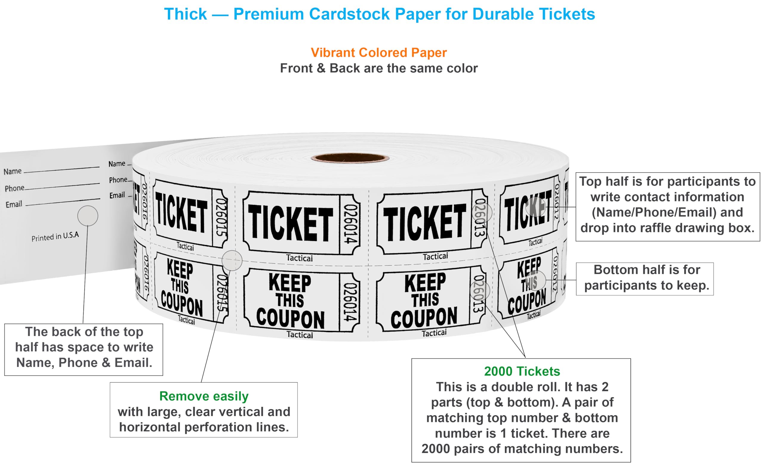 2000 Tacticai - Boletos para rifa, color blanco (selección de 8 colores), doble rollo, boletos para eventos, entrada, recompensa de clase, recaudación de fondos y premios