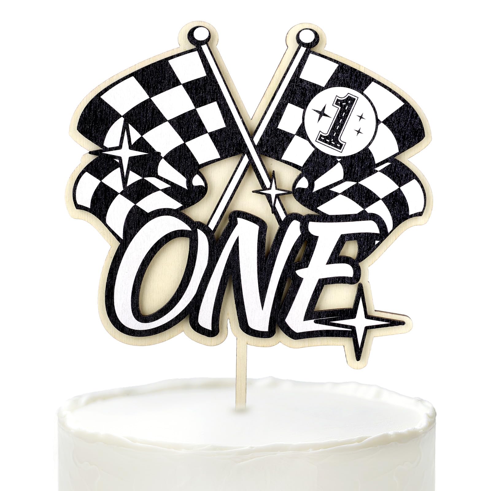 Fast One Birthday Cake Topper, Wooden Race Car Cake Topper Black and White Flag Cupcake Decoration for 1st/First Racing Themed Birthday Party Favor