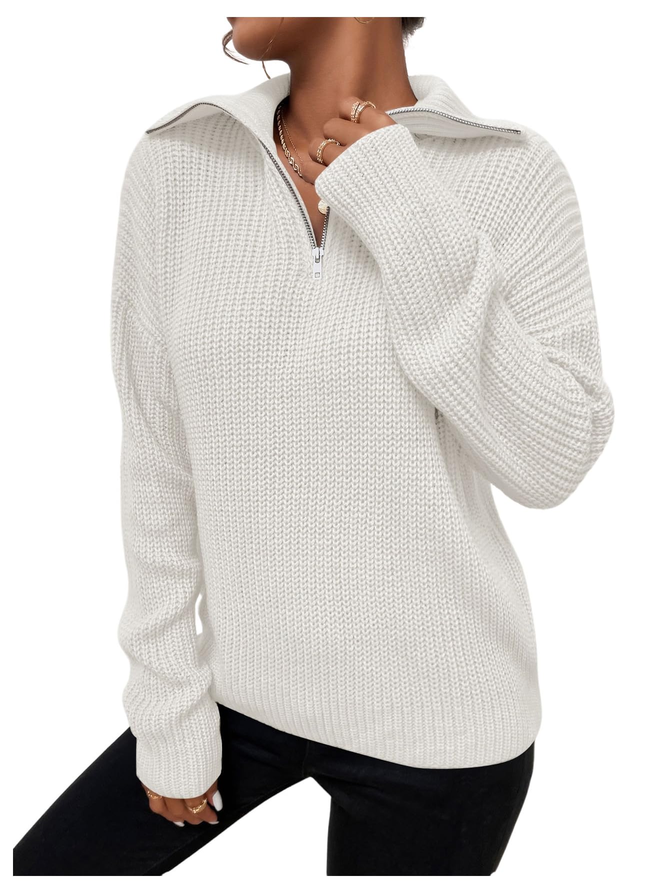 OYOANGLE Womens Long Sleeve Quarter Zip Pullover Sweater Casual Loose Drop Shoulder V Neck Collared Knit Jumper Tops