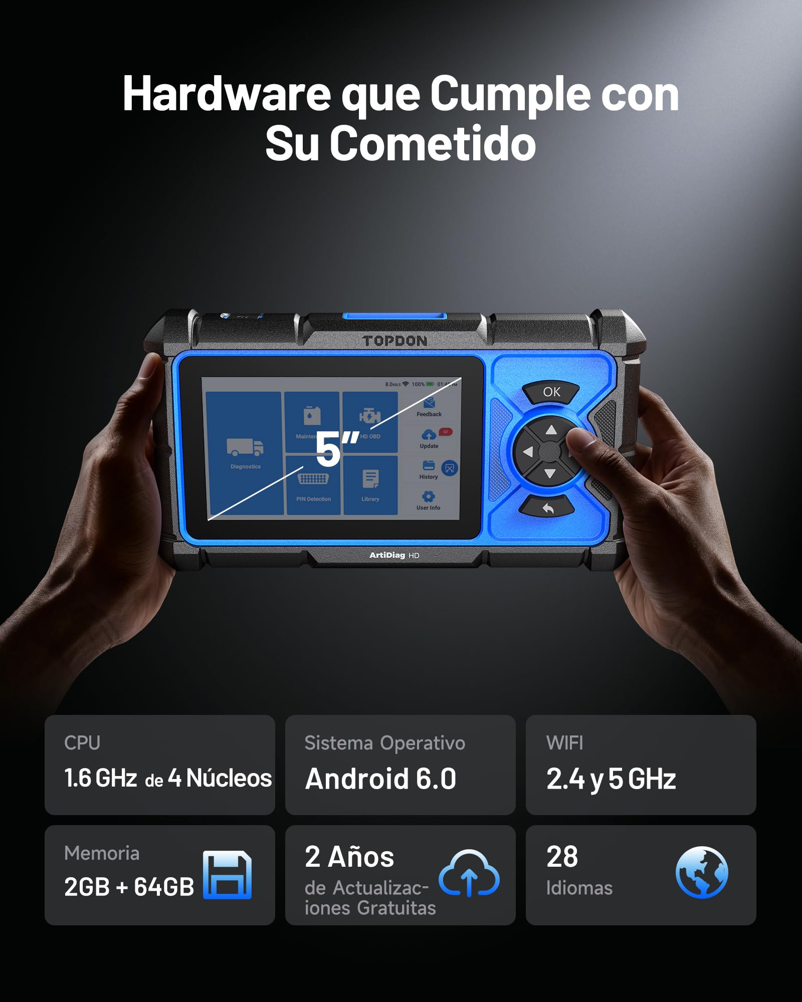 TOPDON ArtiDiag HD OBD2 Diesel y Gasolina Herramiento de Diagnóstico para Vehículos Pesados ​​Motores Diésel, 10 Servicios: DPF, Límite de Aceite/Velocidad, OBD/EOBD HD, Actualizaciones 2 Años