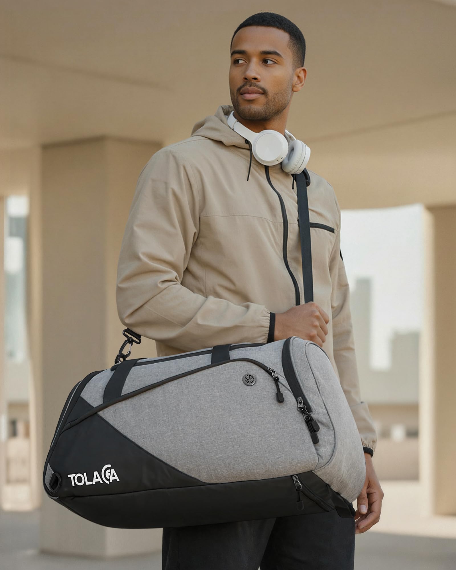 Tolaccea 47L Sporttasche mit Schuhfach Nassfach Reisetasche Duffel Bag Fitness Trainingstasche Herren Damen Gym (Grau)