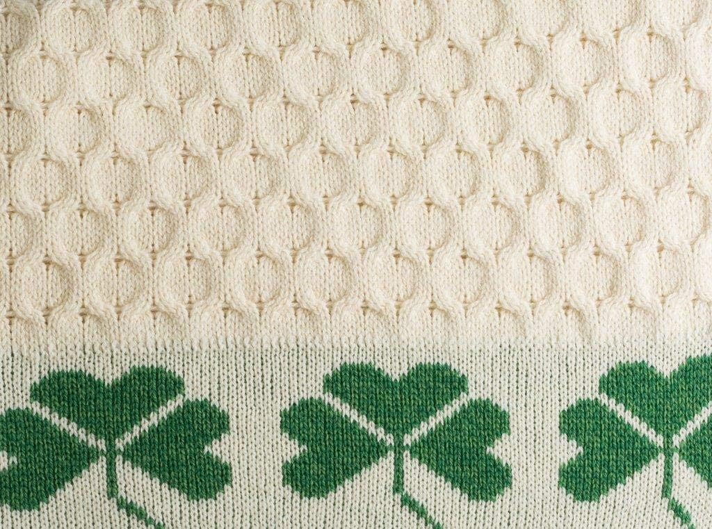 SAOL 100% Merino Wool Shamrock Aran Throw Irish Blanket Cable Honeycomb Knit 58" x 40" (147 x 102 cm), Natural - Image 4