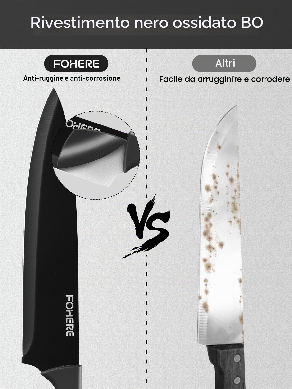 FOHERE Set di Coltelli da Cucina con Autoaffilante, 13 Pezzi, Coltelli da Cucina in Acciaio Inossidabile, Ceppo con Blocco in Plastica, Granito Nero