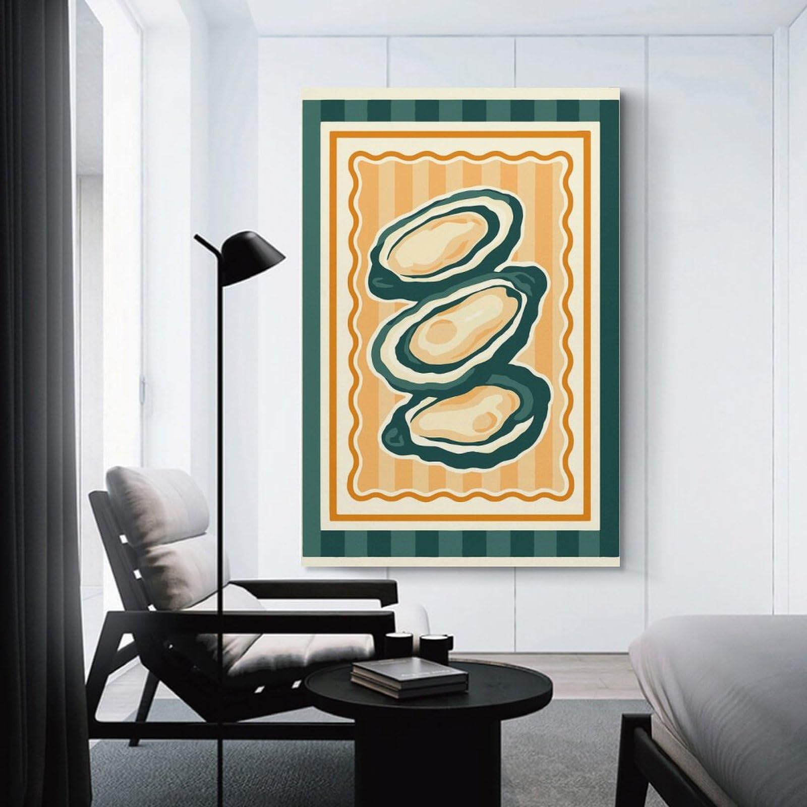Junmoney Unframe-Style-2-1 Stylized Oysters On Striped Background Hanging Wall Art 12X18inch(30X45cm), For Small Homes, Bedrooms Or Open Spaces, An Easy Choice For New Home Styling