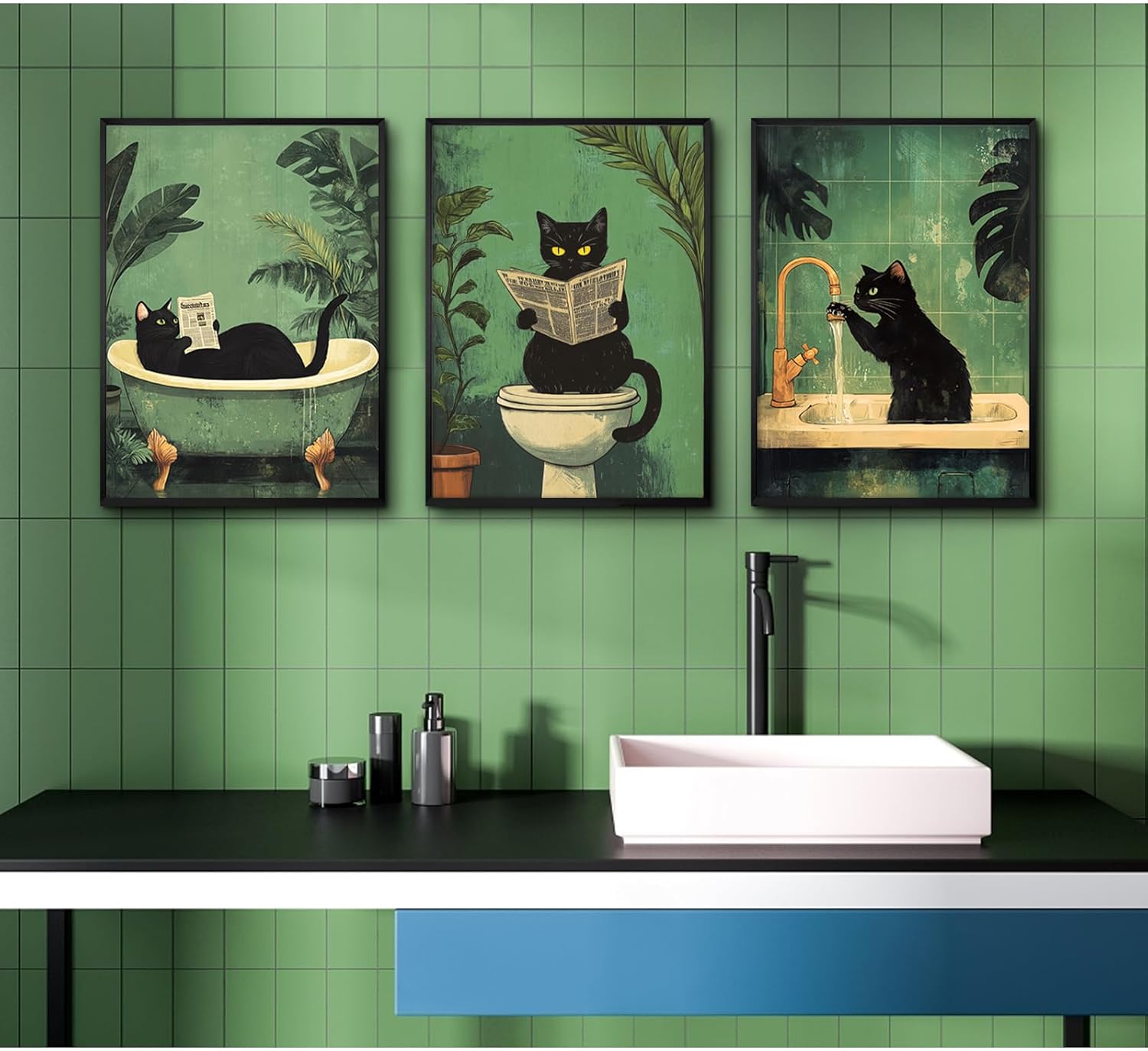 Cat Bathroom Wall Art Funny Canvas Wall Decor Black Cat Pictures Cute Prints Funny Bathroom Poster Green Toilet Art Vintage Painting Artwork Cute Posters for Toilet Washroom 12x16x3 Inch Unframed - Image 3