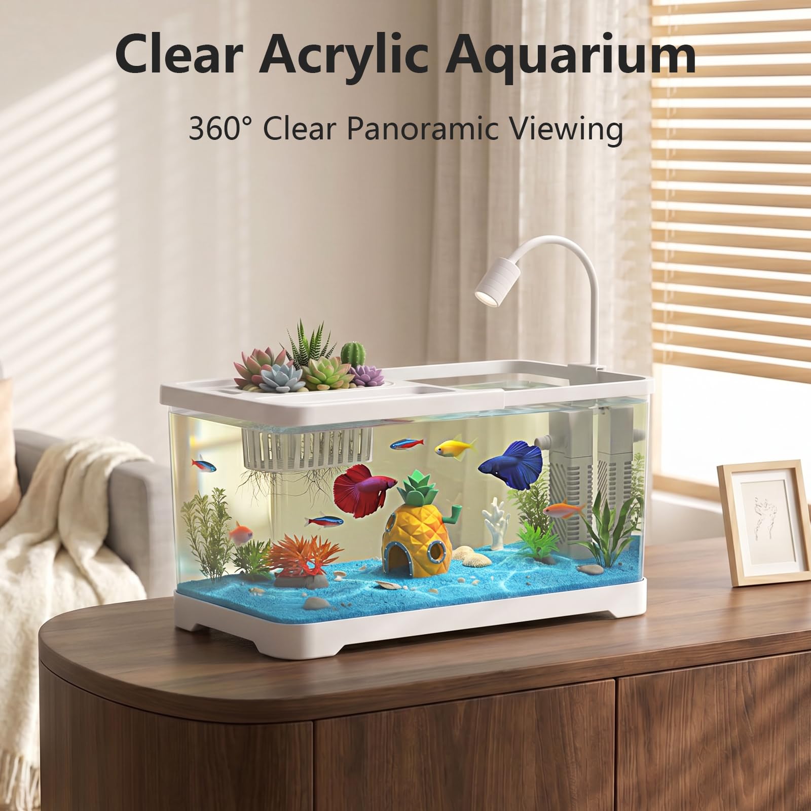 Kit de iniciación de acuario de pecera de 4 galones con filtro y luz, todo en uno, pequeño tanque de peces para Betta, niños y escritorio, nano acuario autolimpiante con tapa (blanco