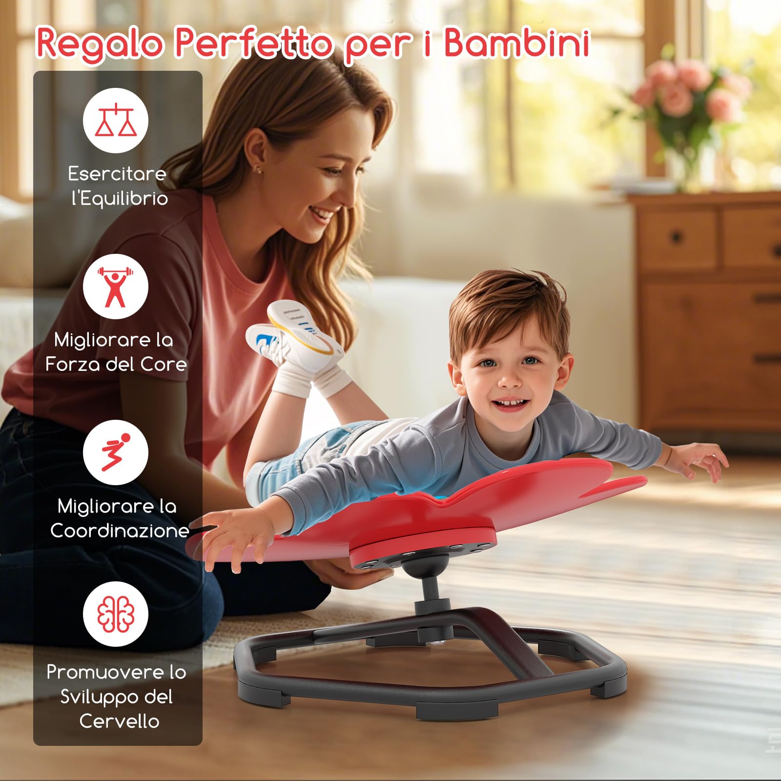 COSTWAY Sedia Girevole a 360° per Bambini, Sedia Sensoriale con Base in Metallo Antiscivolo per Allenare la Coordinazione Fisica e l'Equilibrio, Giocattolo per Cameretta (Rosso,Fiore)