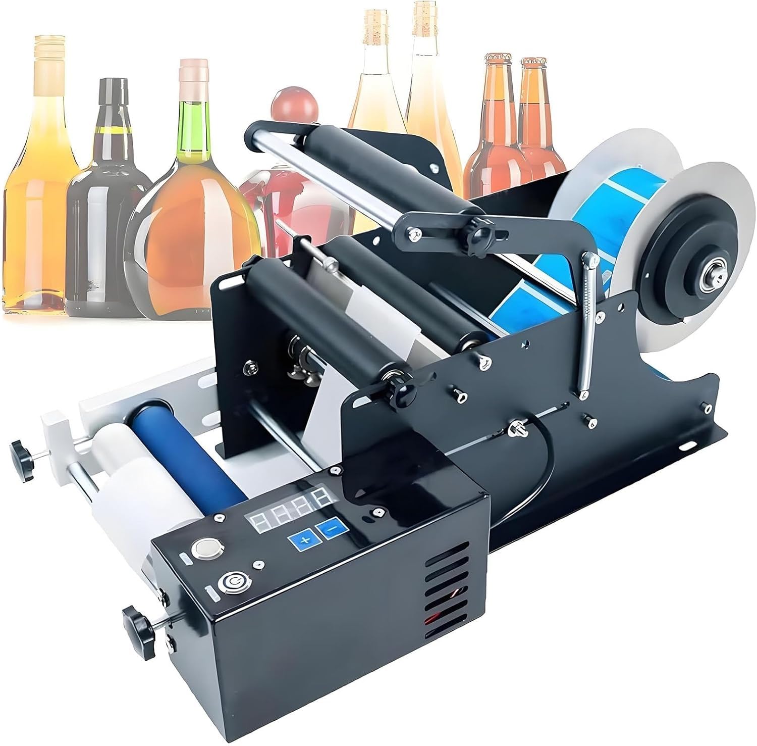 Etichettatrice semiautomatica per bottiglie rotonde, etichettatrice regolabile per diametro 20-100 mm, 30-40 pezzi/min, senza bolle, interruttore a pedale