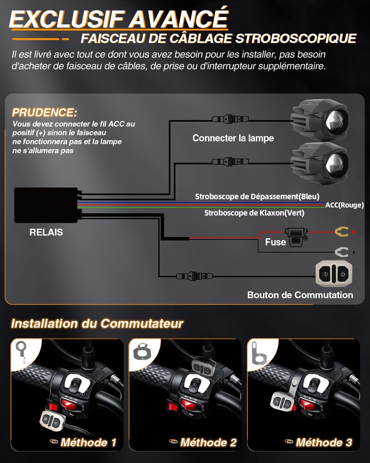 BraveWAY 60 W 18000 LM Luci aggiuntive Moto Faro Migliorato LED Ausiliario Antinebbia Bianco Ambra Impermeabile 9 Modalità Stroboscopiche Kit di Cablaggio Plug and Play e 2 Supporti di Montaggio