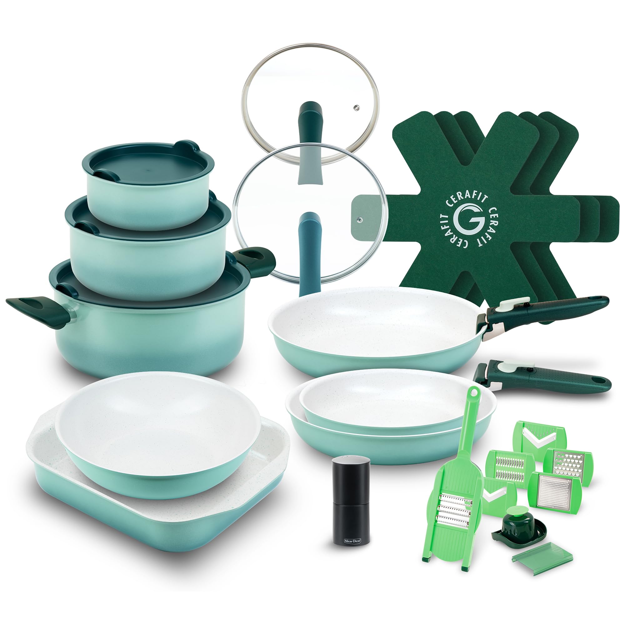 Genius Cerafit Revolution Vario Pfannenset Kochgeschirr Set 27-tlg., Keramikbeschichtung, abnehmbare Griffe, Topfsets, Induktion geeignet, backofenfest bis 250 °C, PFAS-frei