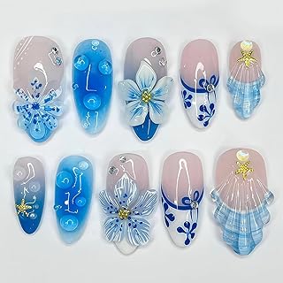 30 Stk. 3D Ozean Press on Nails, Mandel Blau Blumen & Muschel Künstliche Fingernägel, Sommer Ästhetische Kunstnägel mit Seestern Design, Inklusive Klebepads & Feile