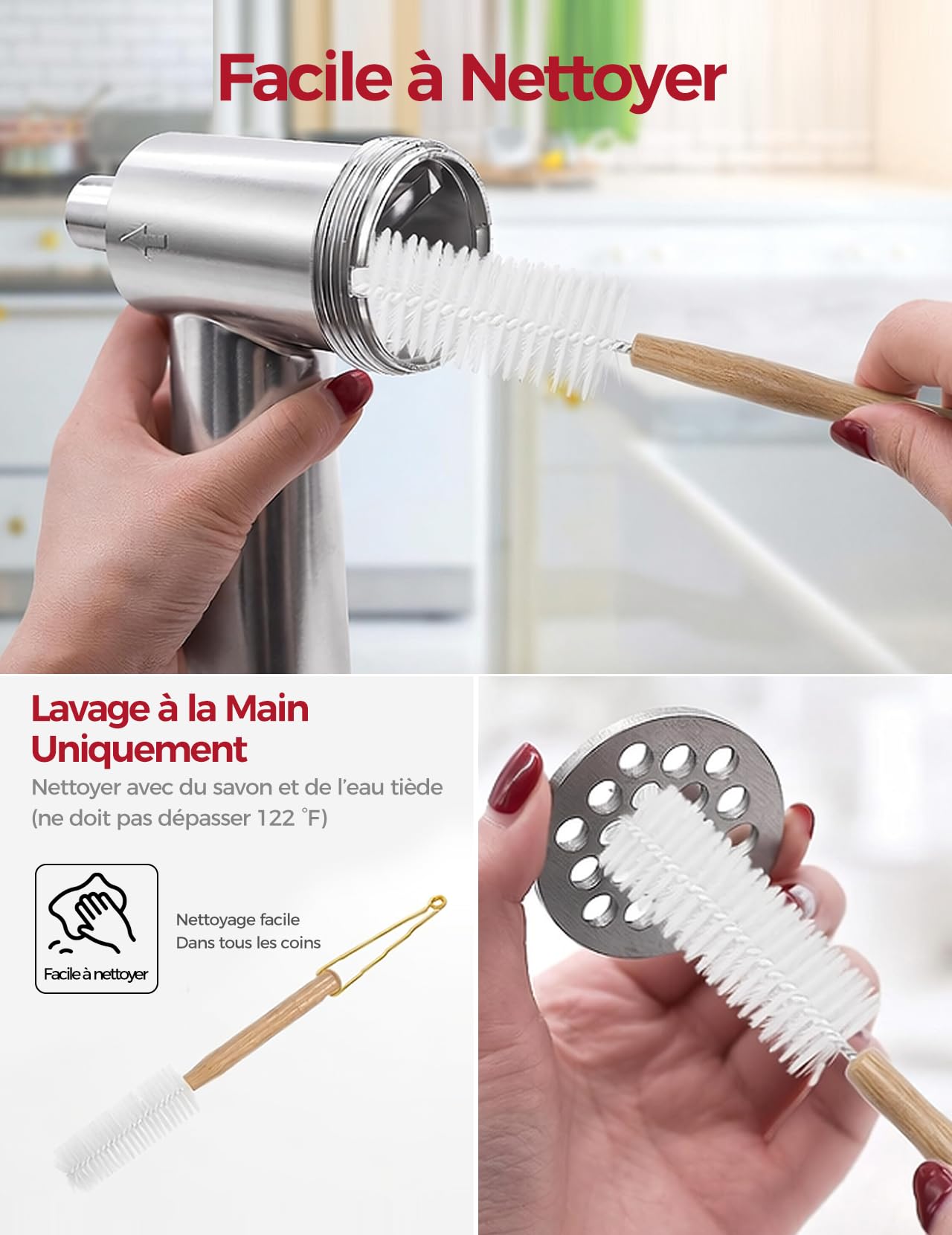 Accessoire Hachoir à Viande pour Robot Ménager KitchenAid | Comprend un Poussoir à Saucisse, une Brosse de Nettoyage, Acier Inoxydable un Ensemble Trancheur-râpe pour KitchenAid