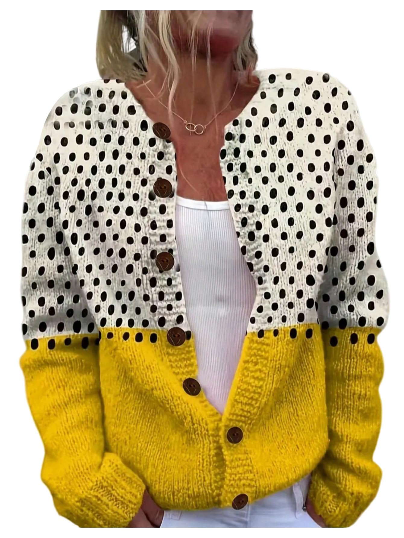 GORGLITTER Womens Polka Dots Sweater Color Block Long Sleeve Button Down Trendy Cardigan