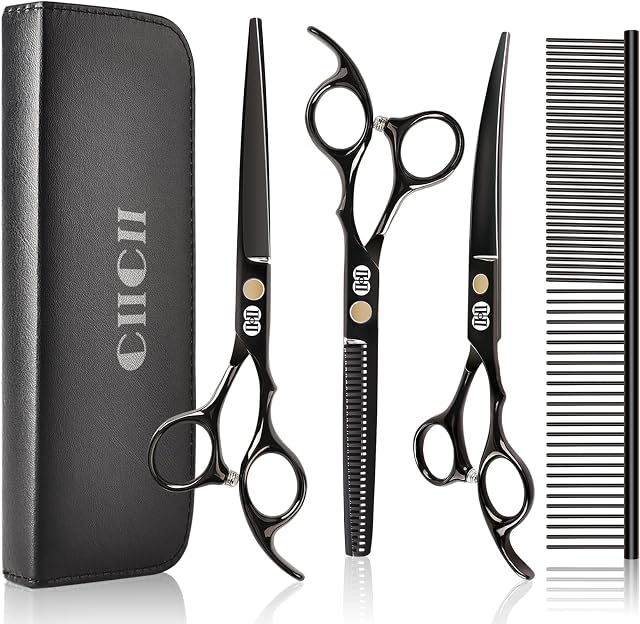 Dog Grooming Scissors Kit, CIICII 7 Inch Professional Pet Grooming Scissors Set (Dog/Cat Hair Thinning Trimming Cutting Shears) with Curved Scissors for DIY Home Salon (Heavy Duty-Black-9Pcs)
