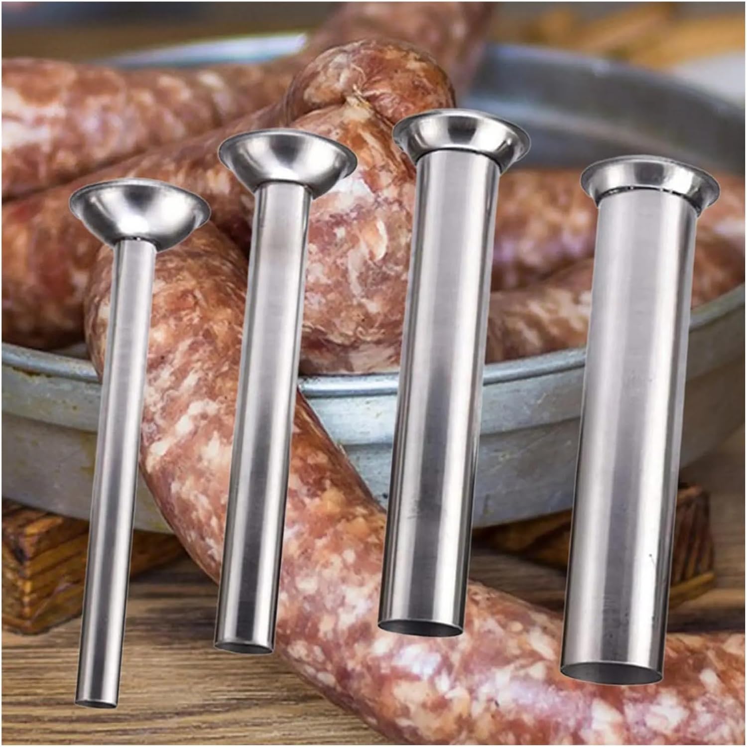 4x Sausage Stuffing Tubes Maker Kits Stuffer Funnels For Meat Grinder Enterprise Lard Press