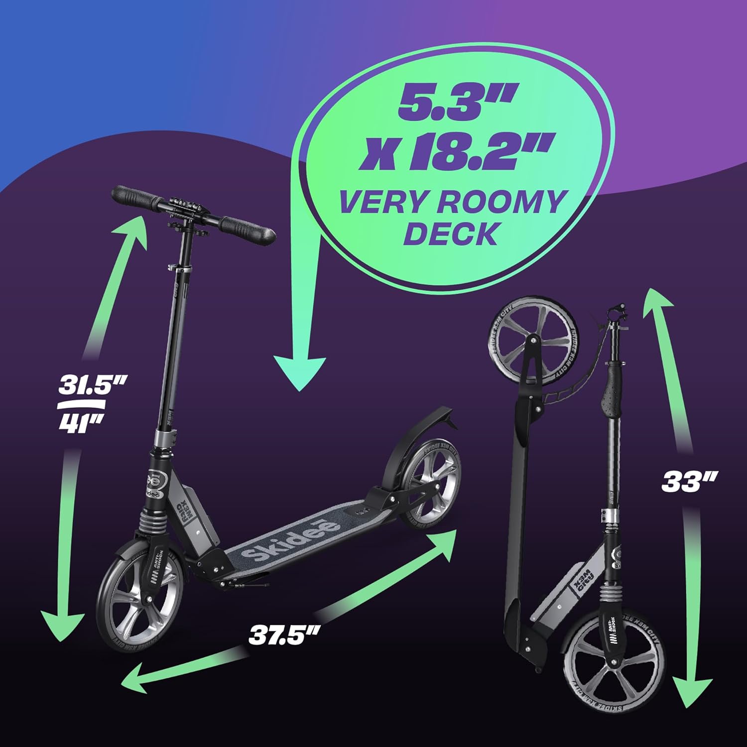 Skidee Adult & Teen Scooter Adjustable Height, Folding, Large Wheels, Lightweight, Durable, Anti-Shock Suspension, Up to 220 lbs