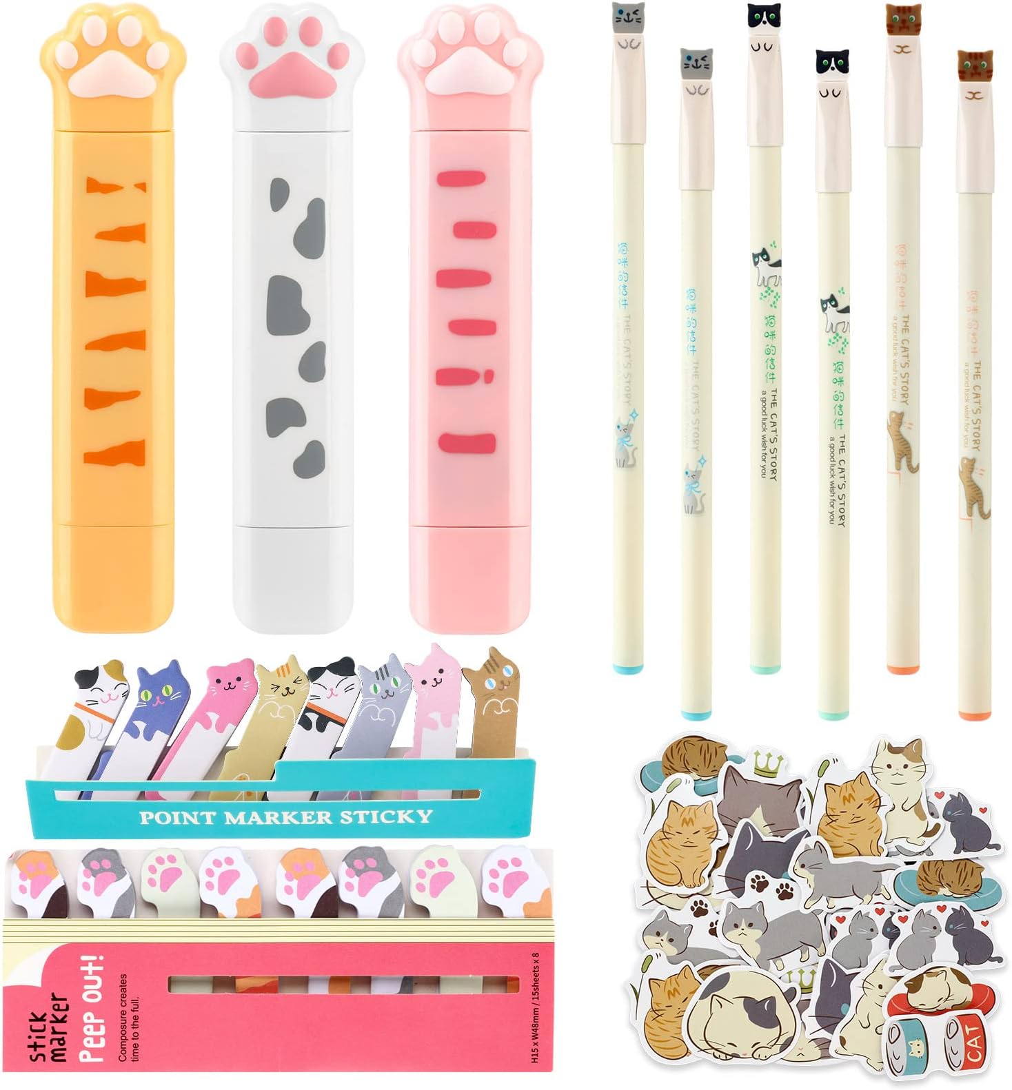 414 Pieces Cute Cat Gel Pens Japanese Cats Design Cat Sticky Flags Tab Cat Stationery Set Cartoon Correction Tapes for Christmas Cat Lovers Kids Girl Stationery School Office Supplies (Cute Style)