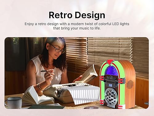 Miniatura 7 de VICTOR Broadway - Jukebox Bluetooth de escritorio con iluminación LED multicolor, caoba (VDTJ-1550-MH)