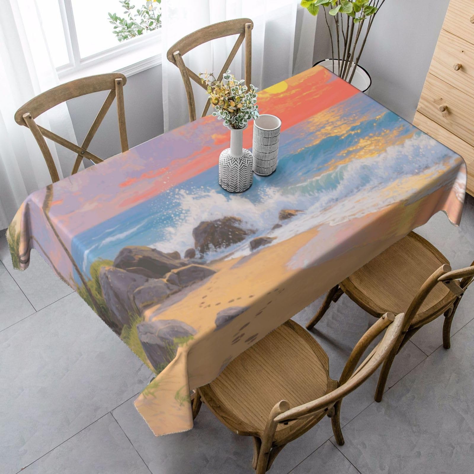 Sunset Beach Ocean Rectangle Tablecloth 35x55 Inch, Washable Reusable Farmhouse Table Cloths Wrinkle Free And Spillproof Kitchen Dinning Table Cover For Party Wedding Picnic Home Decor Tablecloths