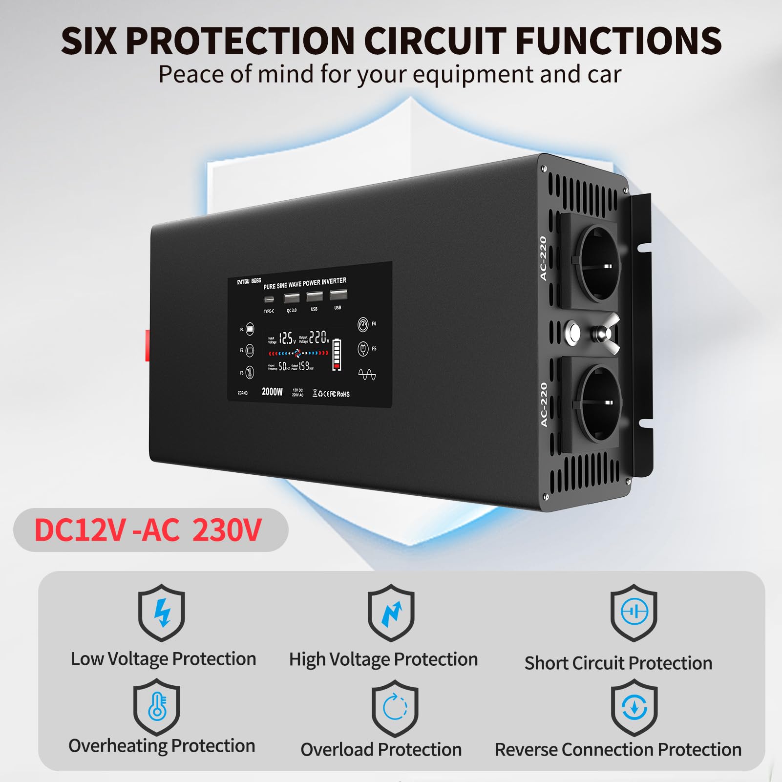 DATOUBOSS Power Inverter 12v 220v Onda Pura 2000W/4000W Inverter Convertitore con Telecomando 2 Prese EU, 2 Porta USB, QC3.0, Type-C e Display LCD per Auto,Camion, Camper