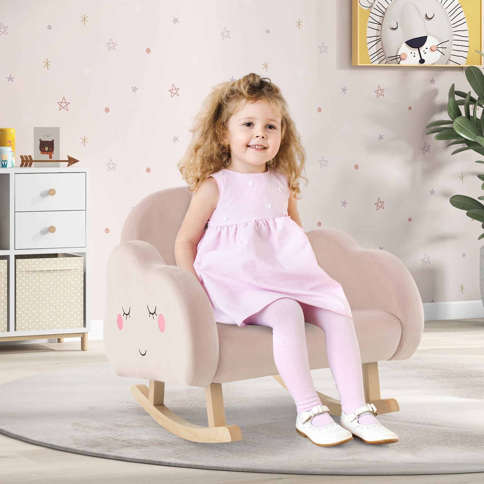GOPLUS Fauteuil à Bascule Enfant, Fauteuil Rembourré en Éponge avec Pieds en Bois Massif & Patins Antidérapants, Chaise à Bascule en Velours avec Accoudoirs, Cadeau pour Enfants 3-5 Ans, Rose