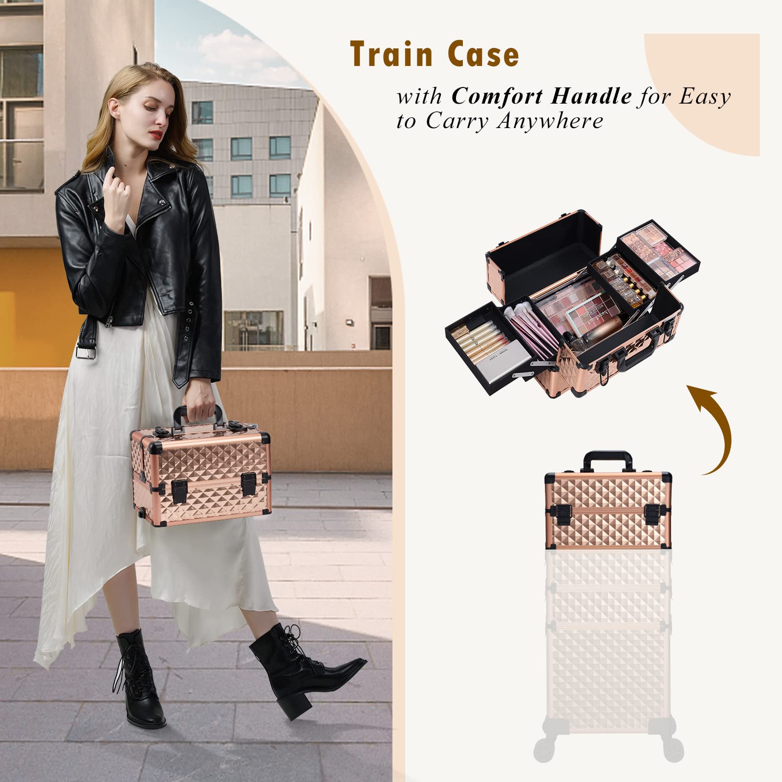 Adazzo Rolling Makeup Train Case 4 in 1 Large Cosmetic Trolley Barber Case with with Keys Swivel Wheels Traveling Trunk for Makeup Artist, Hairstylists, Nail Tech Students Travel Train Organizer Box Rose Gold