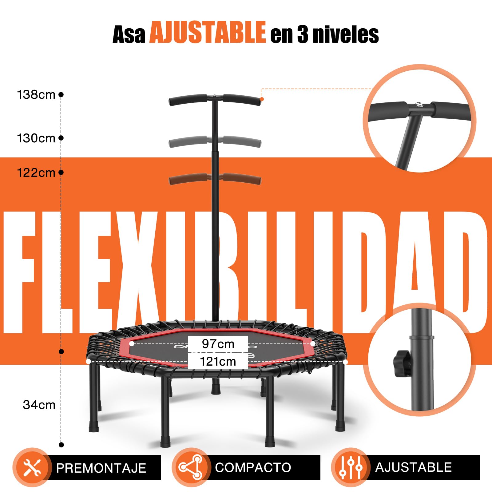 DH FitLife Cama Elástica Fitness Interior Ø121 cm, Trampolín Plegable sin Montaje, Capacidad 150 kg, Mango Ajustable 3 Niveles, Bajo Ruido y Estructura Estable para Adultos
