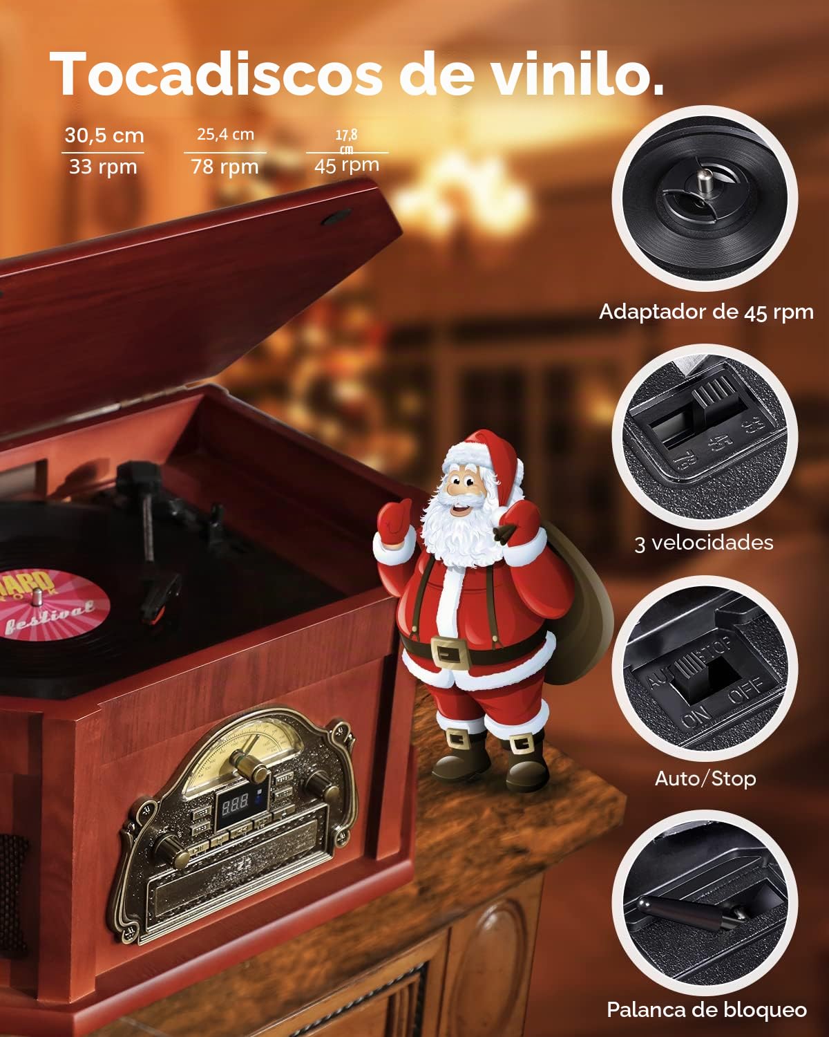 ORCC - Tocadiscos vintage 10 en 1, con tarjeta de regalo, tocadiscos de vinilo para 33/45/78 RPM, reproducción de CD/USB/SD, Bluetooth y control remoto, radio FM/AM para amantes de la música, madera