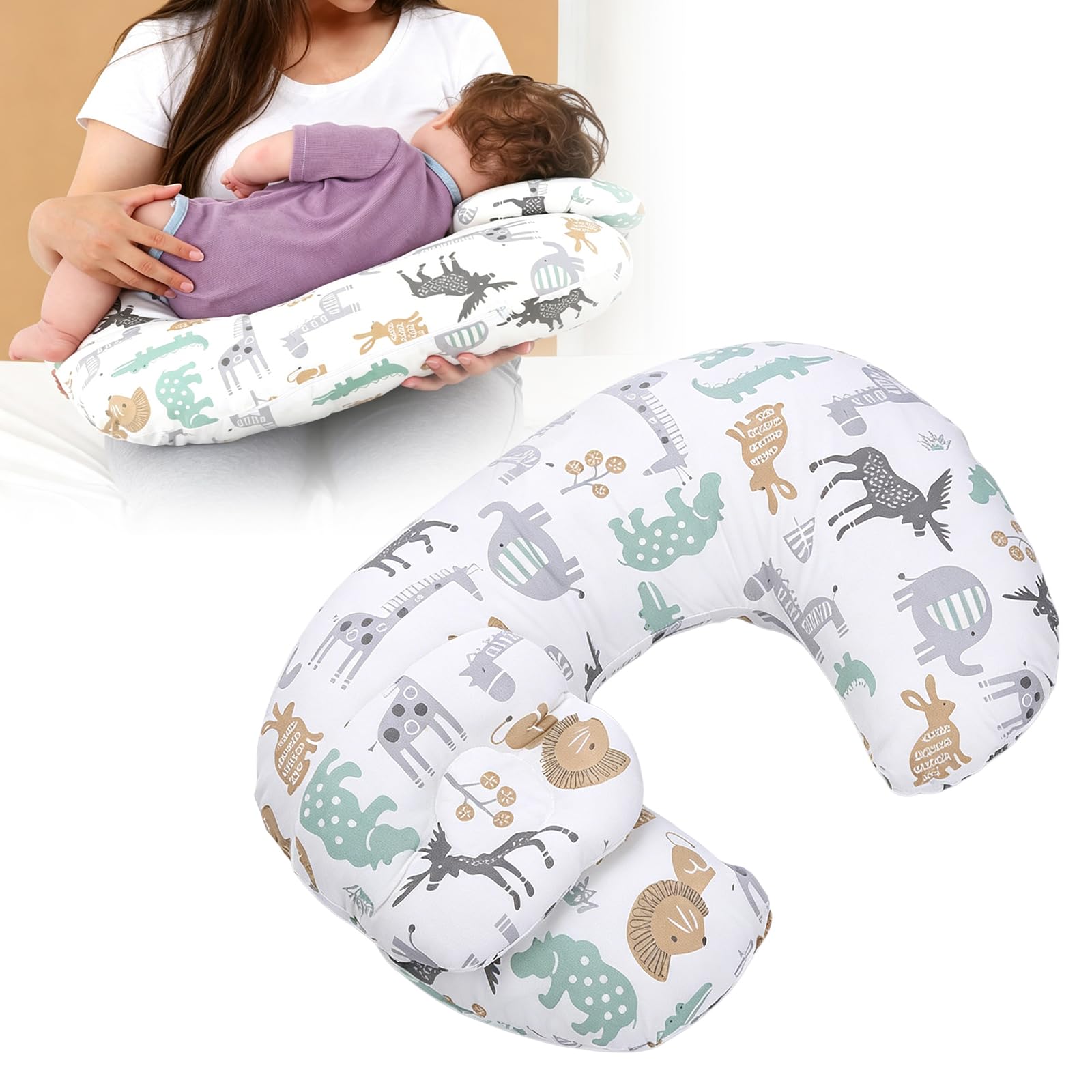 BORDEAG Petit coussin d'allaitement pour nouveau-né, 53 x 40 cm, petit coussin d'allaitement avec housse, coussin d'allaitement pour l'allaitement et le soin de bébé, motif parc animalier