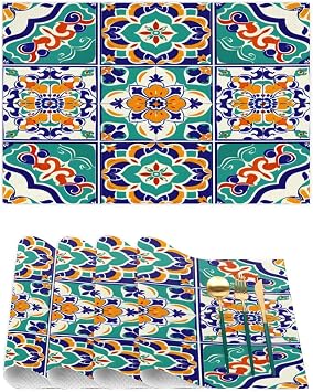 Mexican Placemats Set of 4 Washable PVC Vinyl Woven Table Mats Mexican Tile Non-Slip Heat Resistant Place Mats for Kitchen Dining Table Decoration