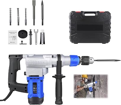SDS Plus Rotary Hammer, 1800W Power Impact Drill Hammer Pneumatic Vibration Control & 6 Speeds 4500RPM, Electric Demolition Jack Hammer, 360 Rotating Handle, 3 Drill Bits, Grease, Chisel, Hand Case