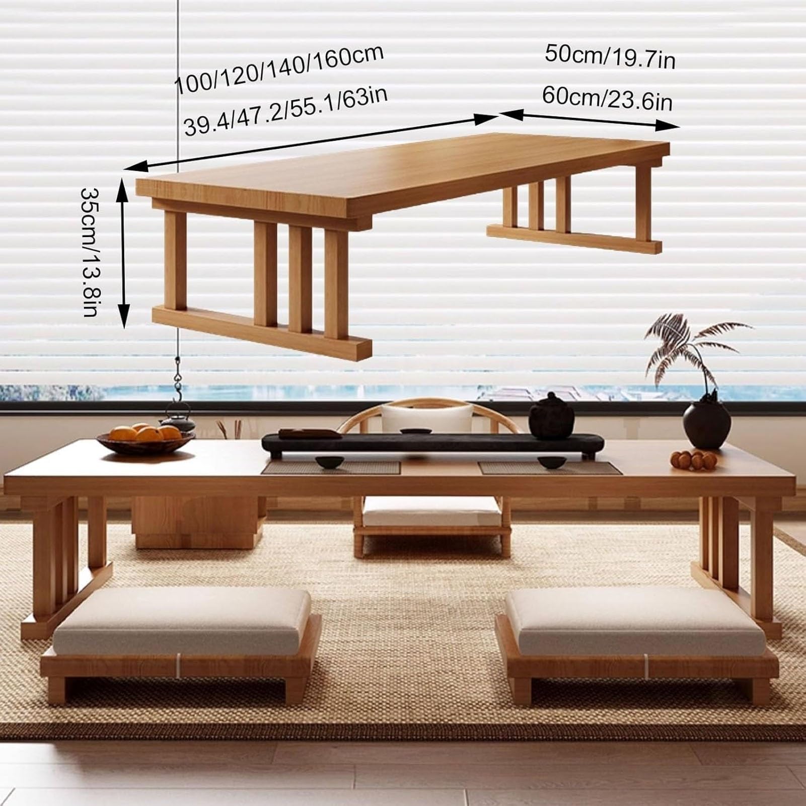 Mesa de Centro Japonesa Rectangular de Tatami de Madera, Mesa Baja con Amplia Superficie de Trabajo, Mesas de Té y Comedor para El Salón, Ventanal(Natural,42x24in/120x60cm)