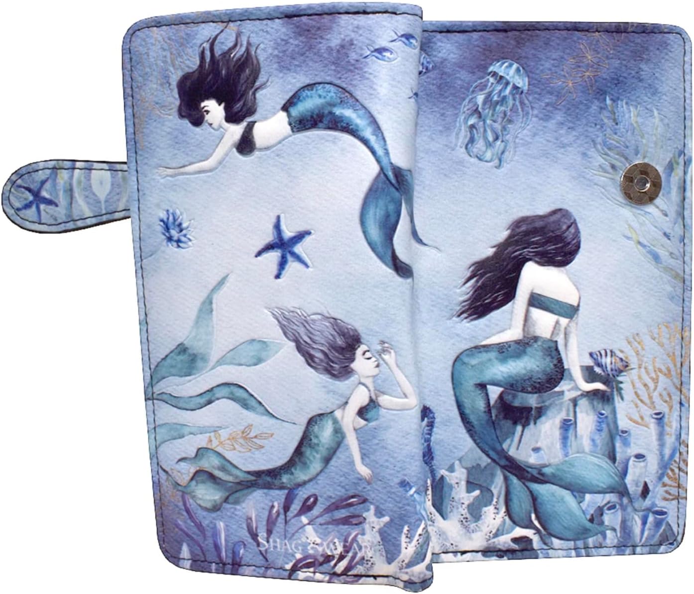 Shag Wear Ocean Mermaids Large Wallet for Women and Teen Girls Vegan Faux Leather Textured Blue 7"