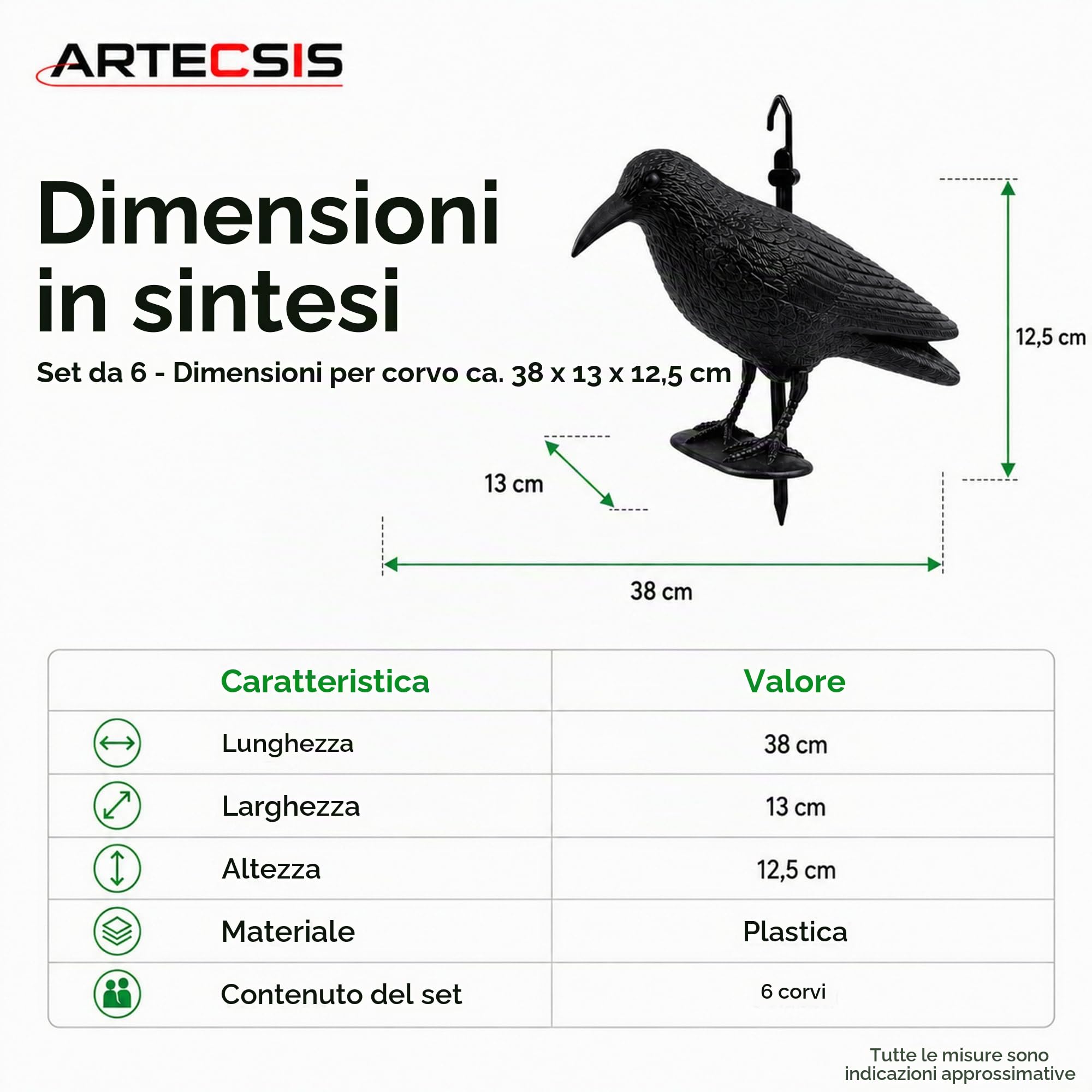 ARTECSIS® Set da 6 corvo finto in plastica anti piccioni e uccelli (38x13x12 cm) - sagoma di corvo resistente alle intemperie per balcone e giardino - spaventapasseri realistico per allontanare