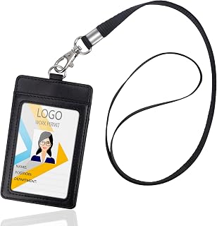Arae ID Badge Holder Vertical PU Leather Lanyard with ID Holder with 1 Clear ID Card Window 1 Card Slot and 1 Neck Lanyard for Office/School ID Credit Card Driver License - Black