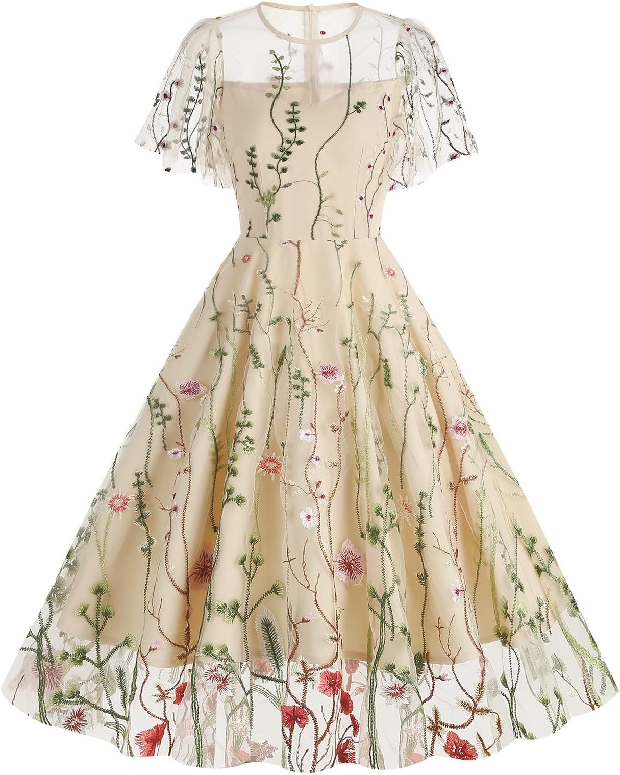 IWEMEKWomen Keyhole Floral Embroidery Dress Sheer Mesh Illusion Vintage Cocktail Swing Dress Wedding Party Prom Tulle Evening Dress