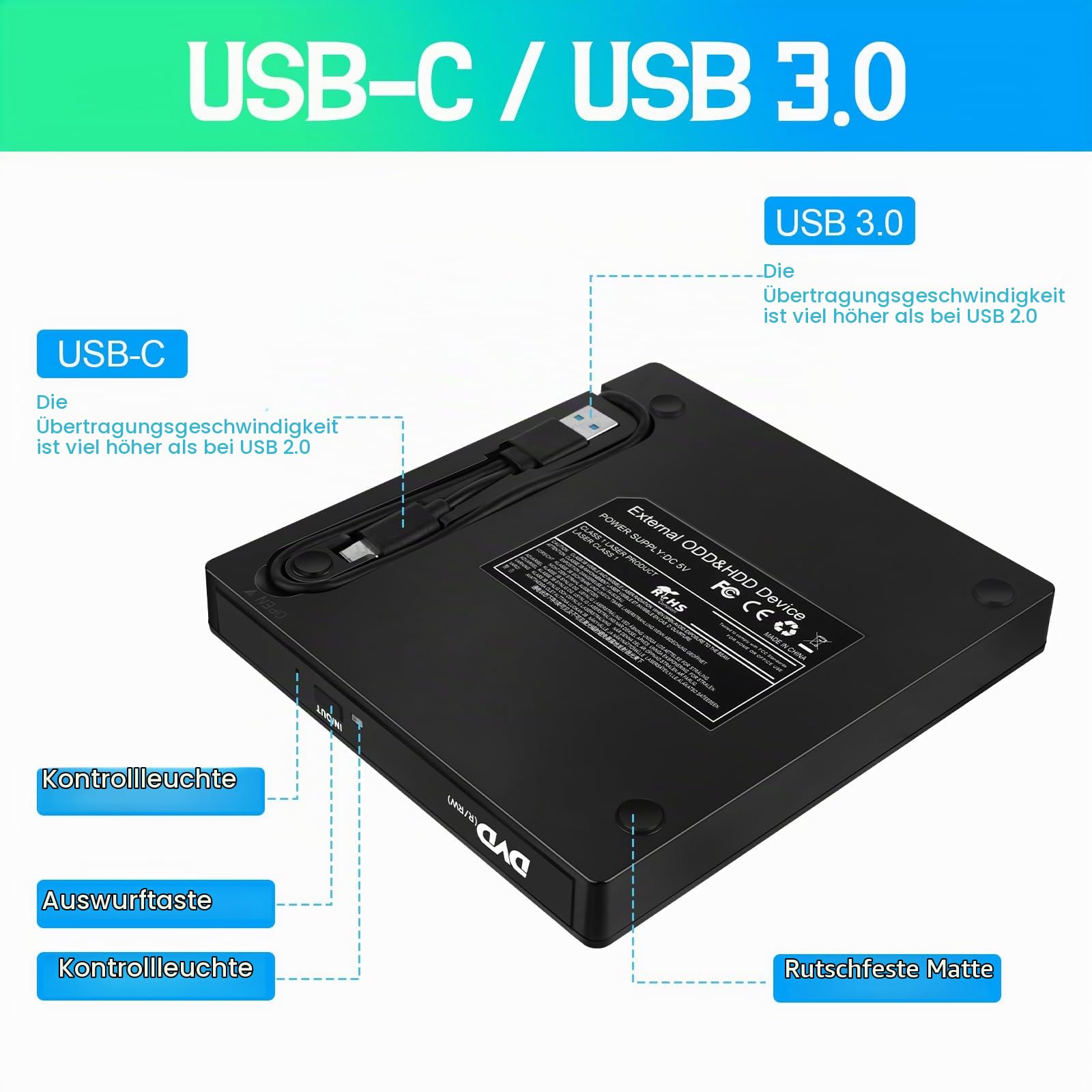 Externes CD DVD Laufwerk USB 3.0 & Typ-C, Tragbares CD-DVD +/-RW ROM Laufwerk Leser Brenner Rewriter mit SD/TF, 4 USB & USB-C Port, für Laptop PC Windows 11 10 8 7 XP, Linux, Mac OS
